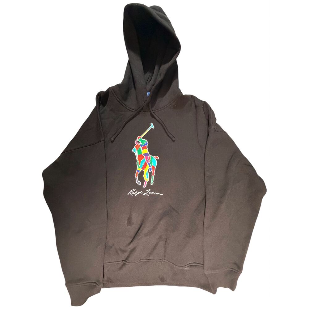 Polo Ralph Lauren Hoodie Mens Large Black Colorful Big Pony Pullover Sweatshirt